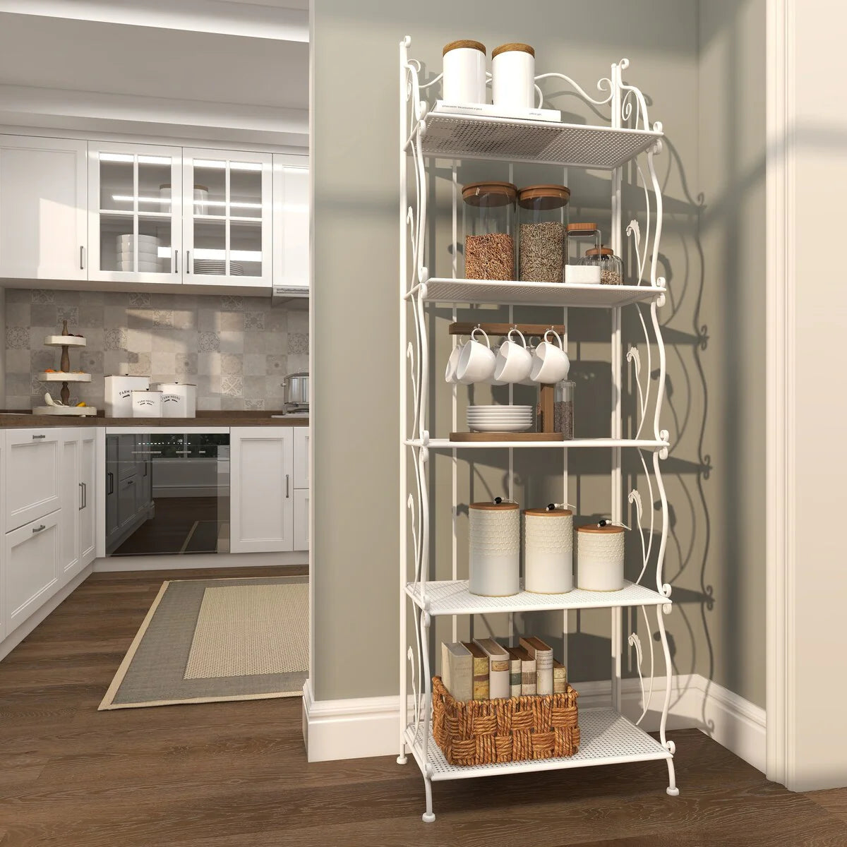 Metal Scroll Indoor Outdoor Tall Folding 5 Shelves Bakers Rack - Gold or White - Roche River Decor