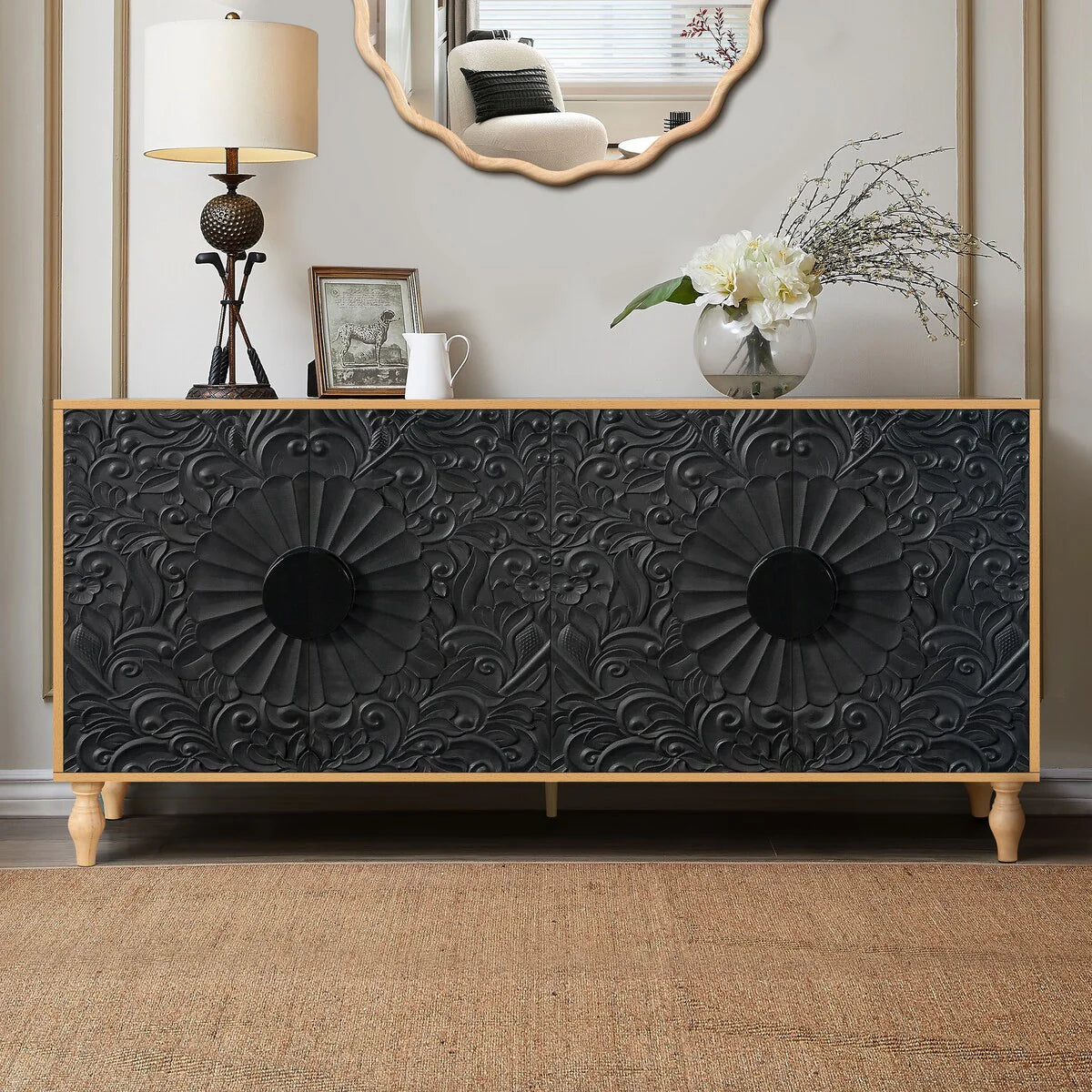 Carved Symmetrical Design Door And Wood Coloured Frame For Tv Stand Table