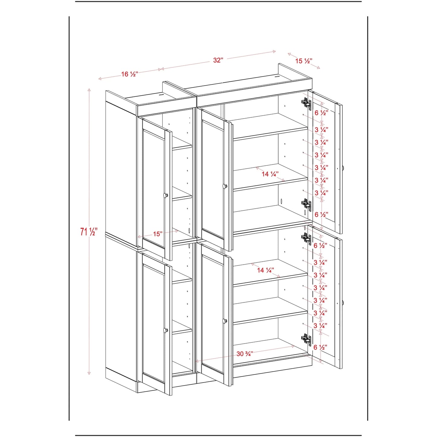 Palace Imports 100% Solid Wood 48.5" China Pantry Cabinet with Solid or Clear Glass Doors and Adjustable Shelves - 48.5" x 71.5"