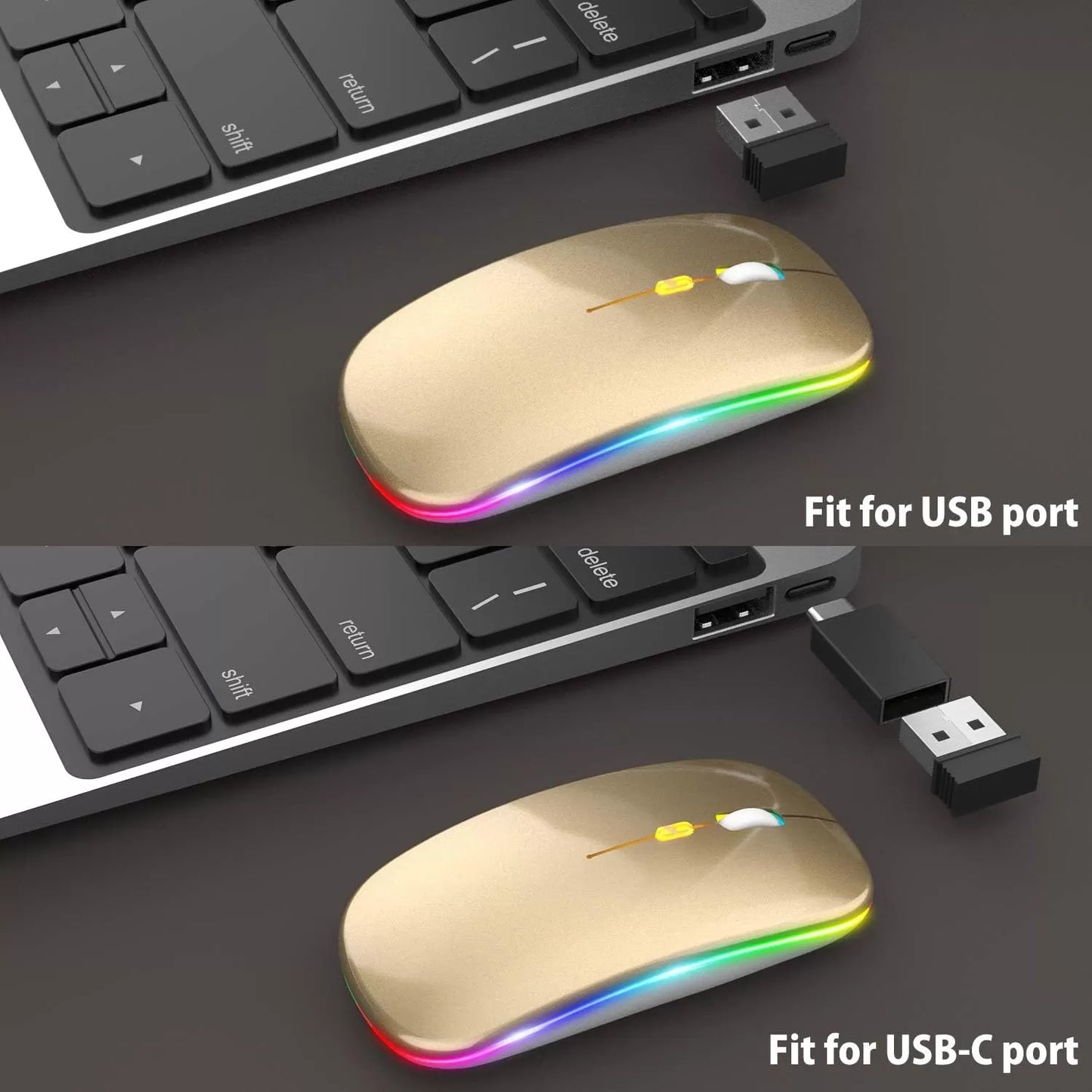 [Upgrade] LED Wireless Mouse, Slim Silent Mouse 2.4G Portable Mobile Optical Office Mouse with USB & Type-c Receiver, 3 Adjustable DPI Levels for Notebook, PC, Laptop, Computer, MacBook (Pink)