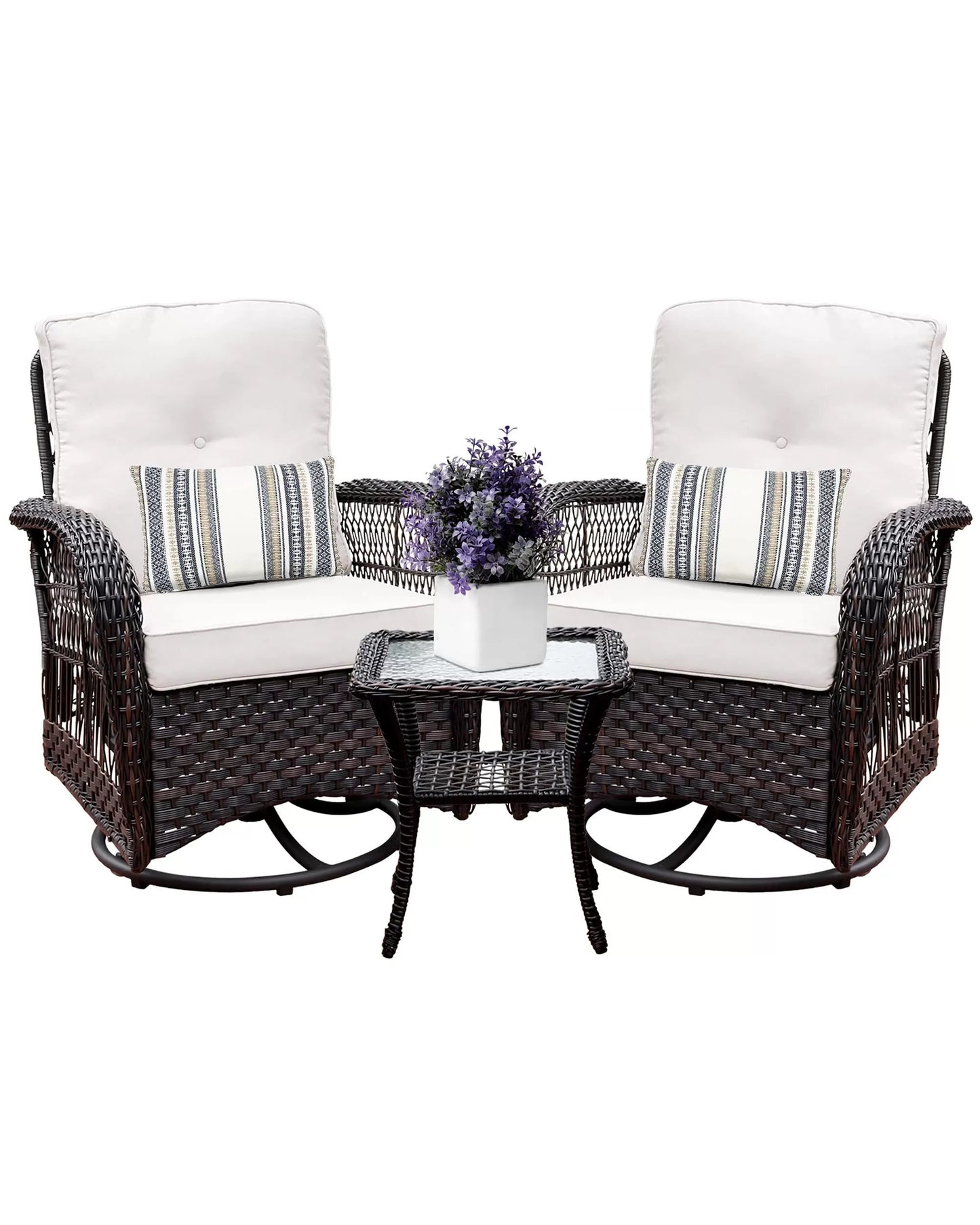 Outdoor Swivel Rocker Patio Chairs Set of 2 and Matching Side Table - 3 Piece Wicker Patio Bistro Set with Premium Fabric Cushions Outdoor Furniture (Dark Wicker Chair Beige Cushion)