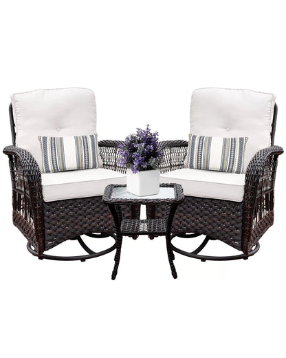 Outdoor Swivel Rocker Patio Chairs Set of 2 and Matching Side Table - 3 Piece Wicker Patio Bistro Set with Premium Fabric Cushions Outdoor Furniture (Dark Wicker Chair Beige Cushion)