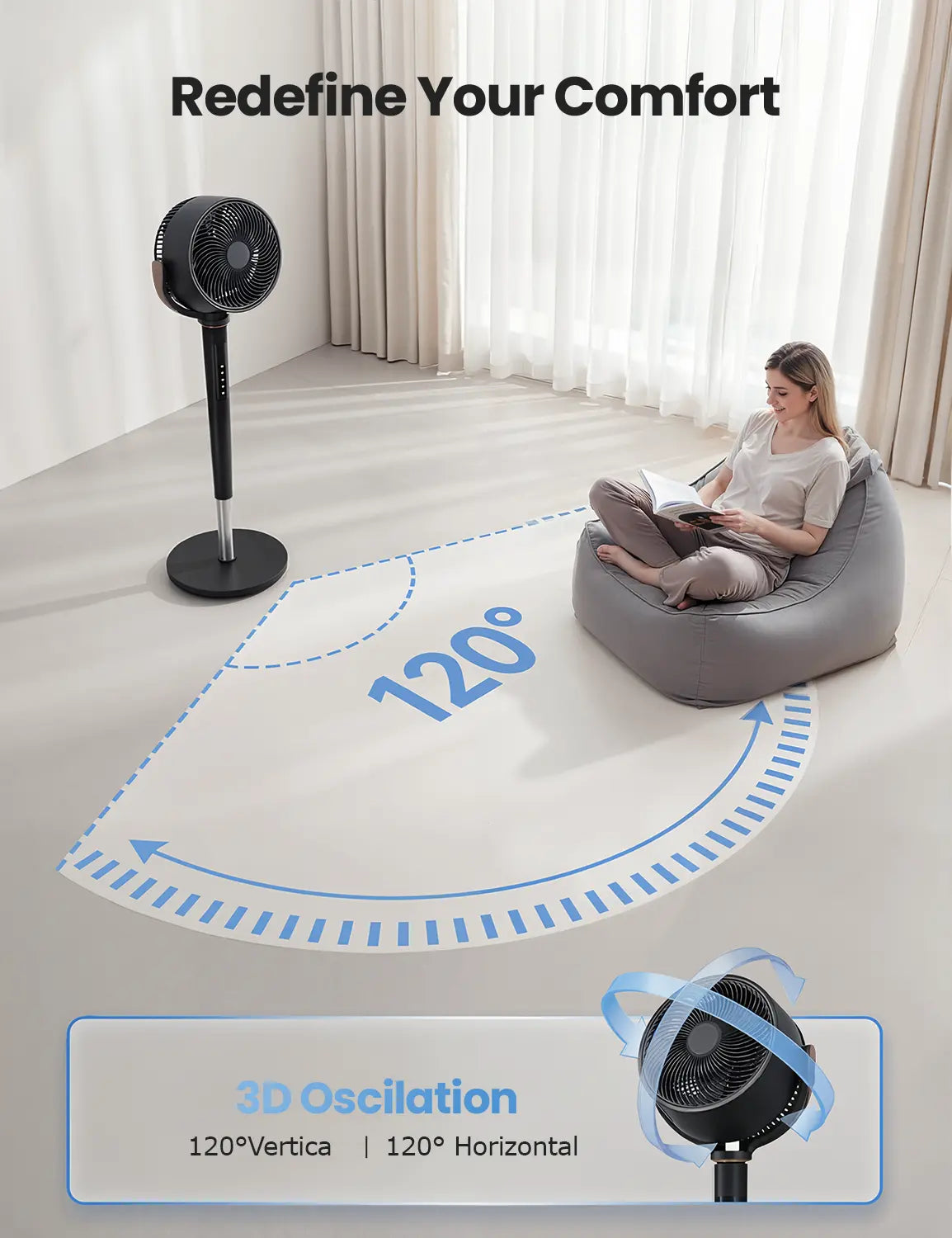 TEHANLD Fan for Bedroom, 120° Oscillating Standing Fans, Quiet Floor Fan with DC Motor, 100ft Pedestal Fans for Room, 16 Speeds, 4 modes, 20dB, 37-45" Adjustable Height, 12H Timer，With ambient lighting
