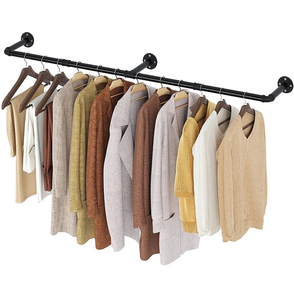 70.87" Long Industrial Pipe Clothes Rack Wall Mounted Hanging Rail