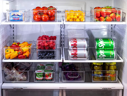Set Of 16 Refrigerator Organizer Bins - Plastic Pantry Organization and Storage Baskets - Stackable Food Fridge Organizers with Cutout Handles for Freezer, Kitchen, Countertops, Cabinets