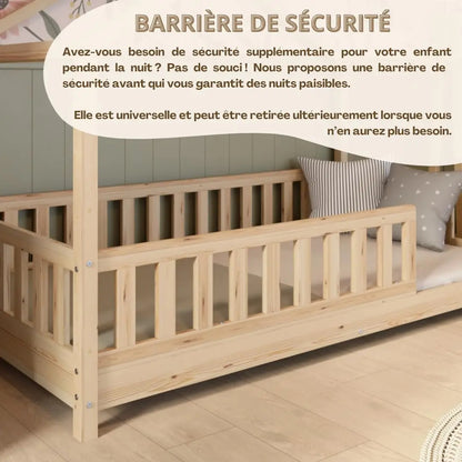 Clearance Sale Crazy Pine Cabin Bed 160x80 cm – Natural Wood Children's Bed with Barrier – Montessori Floor Bed with Height-Adjustable Legs and Removable Barrier - Crazy House