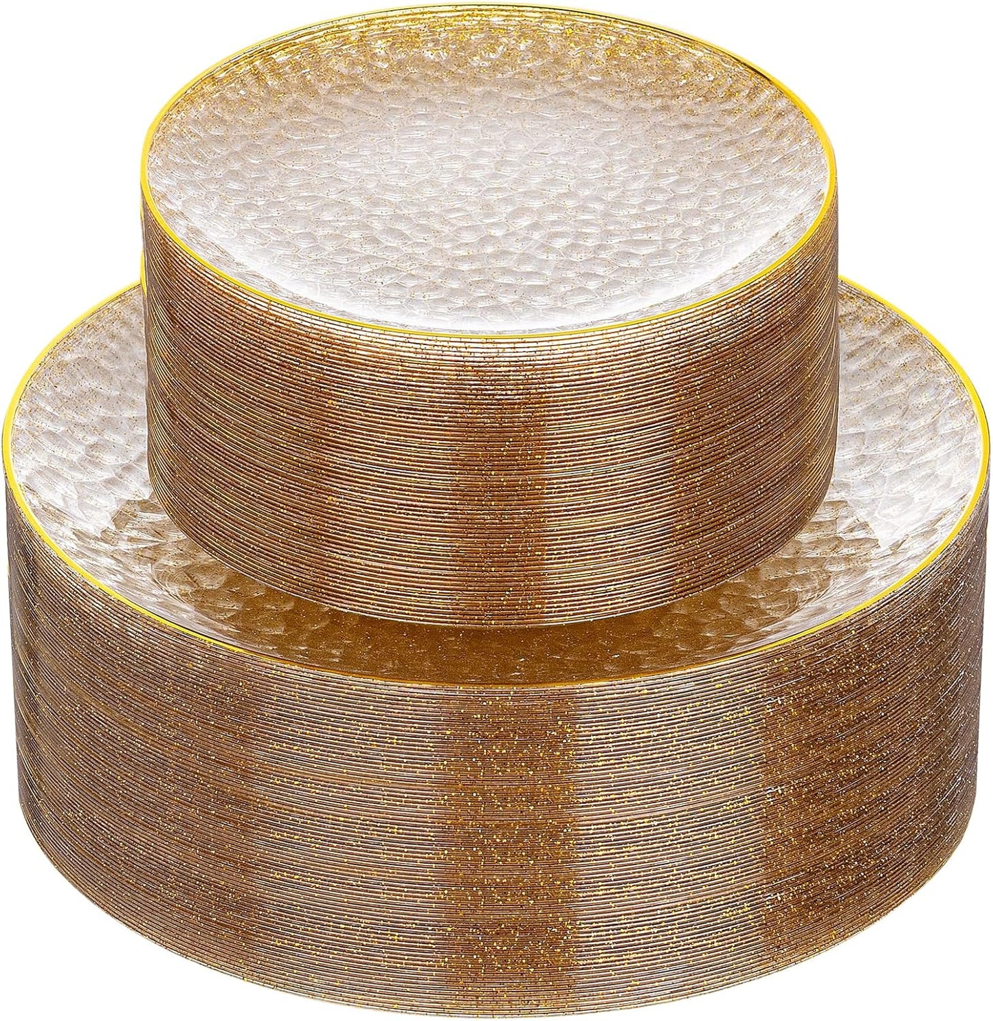 Rubtlamp 60Pcs Clear Plastic Plates,Clear Disposable Plates With Gold Rim,Heavy-duty Gold Plates,Hammered Party Plates Include 30Clear Dessert-Platos,30Dinner-Platos for Wedding, Party