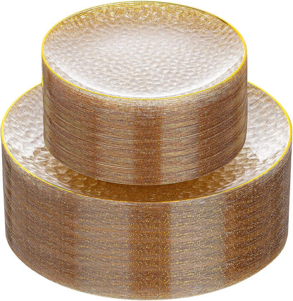 Rubtlamp 60Pcs Clear Plastic Plates,Clear Disposable Plates With Gold Rim,Heavy-duty Gold Plates,Hammered Party Plates Include 30Clear Dessert-Platos,30Dinner-Platos for Wedding, Party