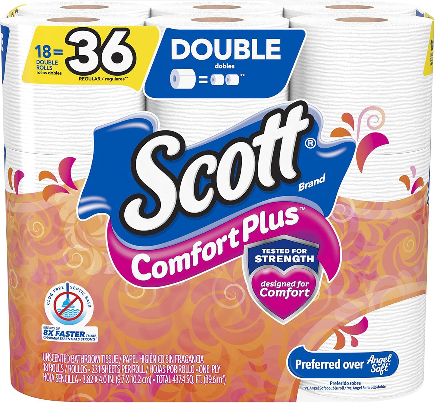 Scott ComfortPlus Toilet Paper, 12 Triple Rolls, 231 Sheets per Roll, Septic-Safe, 1-Ply Toilet Tissue