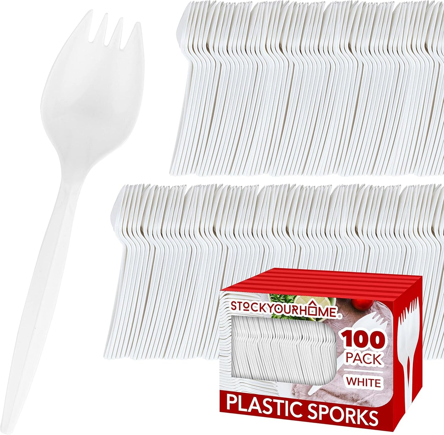 Disposable Sporks (50 Pack) White Plastic Sporks - BPA Free Kid Safe 2 in 1 Utensils - Heavy Weight Fork Spoon for School Lunch, Picnics, Catering, Restaurants, Kids Birthday Parties - Stock Your Home