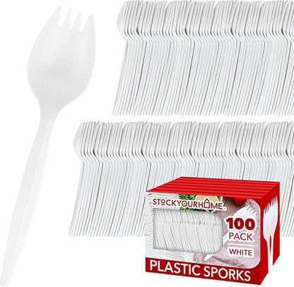 Disposable Sporks (50 Pack) White Plastic Sporks - BPA Free Kid Safe 2 in 1 Utensils - Heavy Weight Fork Spoon for School Lunch, Picnics, Catering, Restaurants, Kids Birthday Parties - Stock Your Home