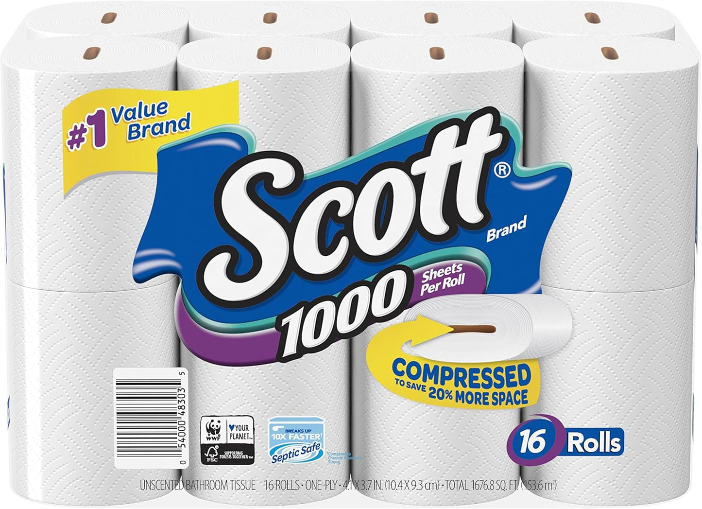 Scott 1000 Toilet Paper, 18 Rolls, Septic-Safe, 1-Ply Toilet Tissue
