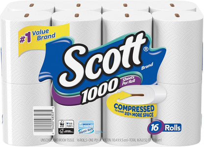 Scott 1000 Toilet Paper, 18 Rolls, Septic-Safe, 1-Ply Toilet Tissue