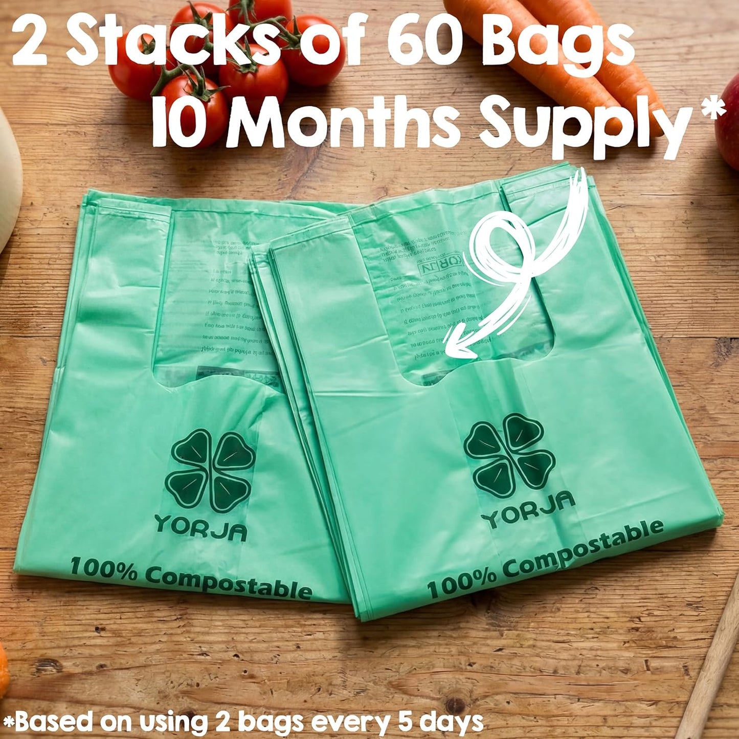 YORJA 1.6 Gallon Tie Handles Compost Trash Bags 120 Food Scrap Bags, Compostable Kitchen Waste Bags with Europe EN13432 & ASTM D6400 Certified
