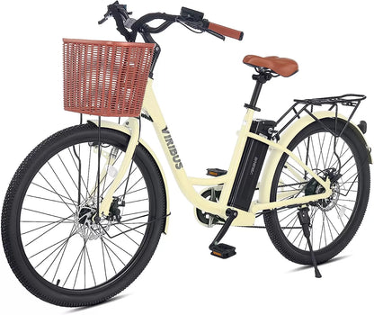 Viribus Electric Bike, Electric Cruiser Bike Adults Women, 25mph 40+ Mile Range 26" City Ebike E Bike with Basket, Electric Bike 350W Shimano 7 Speed Front Suspension for Women Lady, Electric Bicycle