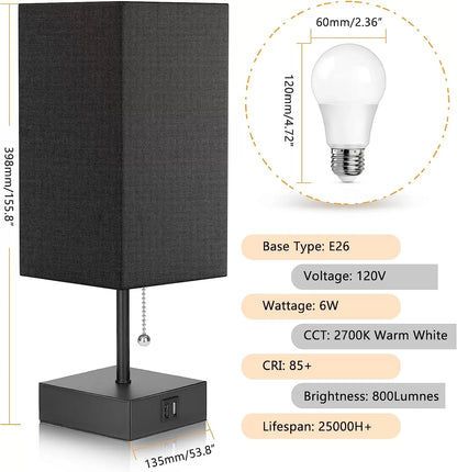 GGOYING Bedside Table Lamp, Pull Chain Table Lamp with Dual USB Charging Ports, 2700K LED Bulb, Fabric Linen Lampshade, Nightstand Lamp for Livingroom Bedroom Office Reading Working