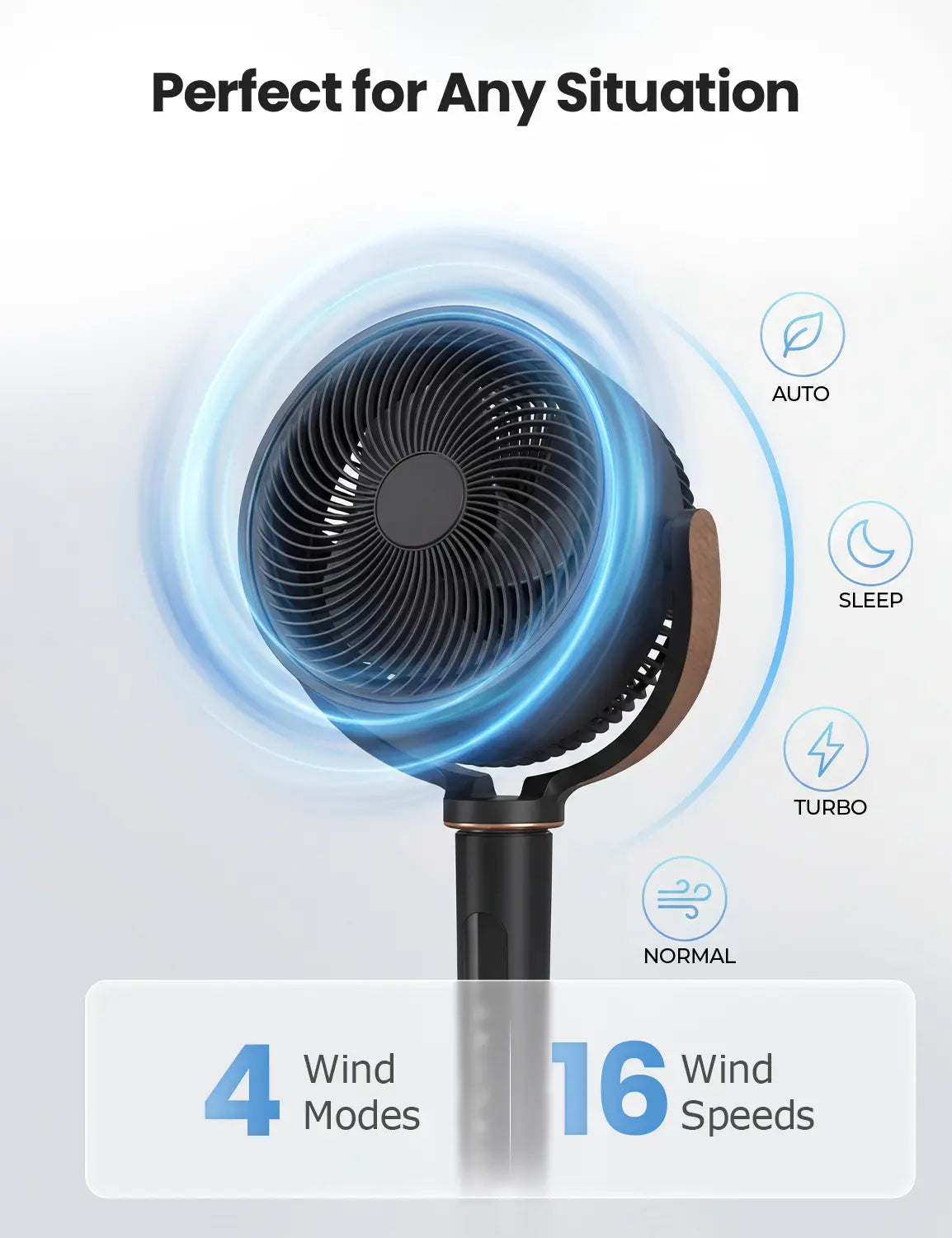 TEHANLD Fan for Bedroom, 120° Oscillating Standing Fans, Quiet Floor Fan with DC Motor, 100ft Pedestal Fans for Room, 16 Speeds, 4 modes, 20dB, 37-45" Adjustable Height, 12H Timer，With ambient lighting