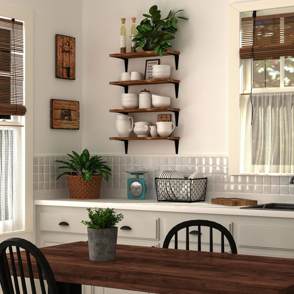 Wallniture Arras 17"x6" Solid Wood Kitchen Shelves for Wall, Burned Finish, Set of 4