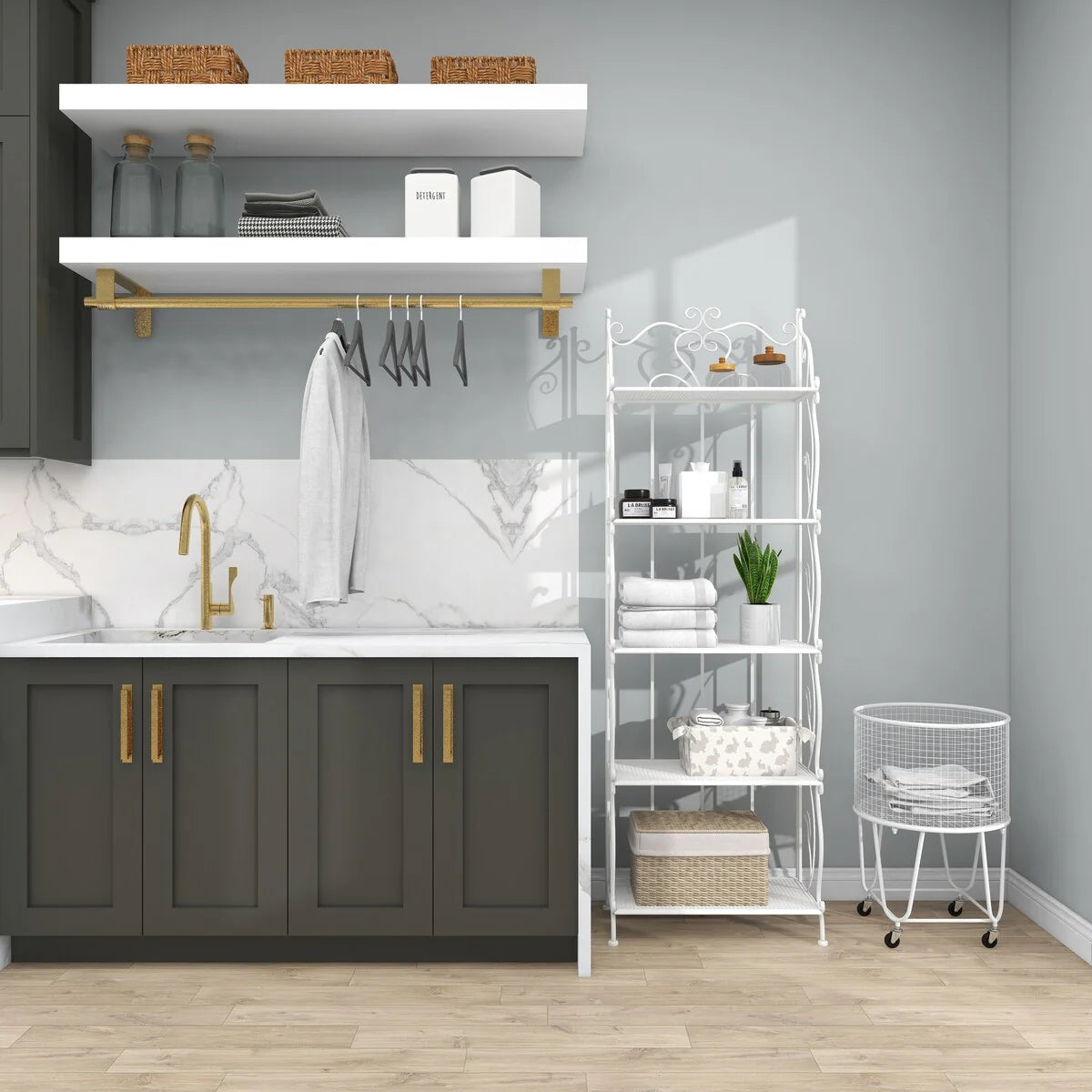 Metal Scroll Indoor Outdoor Tall Folding 5 Shelves Bakers Rack - Gold or White - Roche River Decor