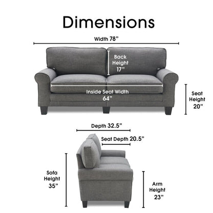 Serta Copenhagen 78" Sofa Couch for Two People with Pillowed Back Cushions and Rounded Arms