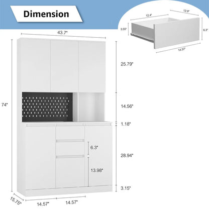 74" Freestanding Kitchen Pantry Cabinet w/Drawers, Storage Microwave - W43.66*D15.74*H74.00