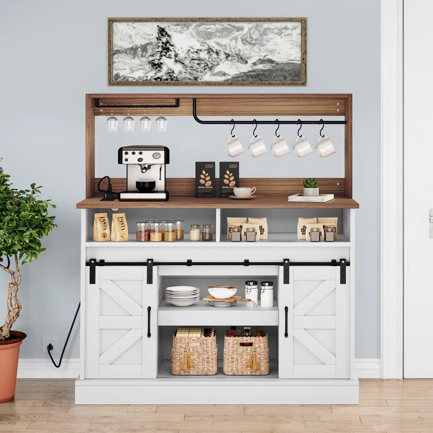 Moasis Farmhouse Coffee Bar Cabinet - 15.1"D x 47.2"W x 51.5"H