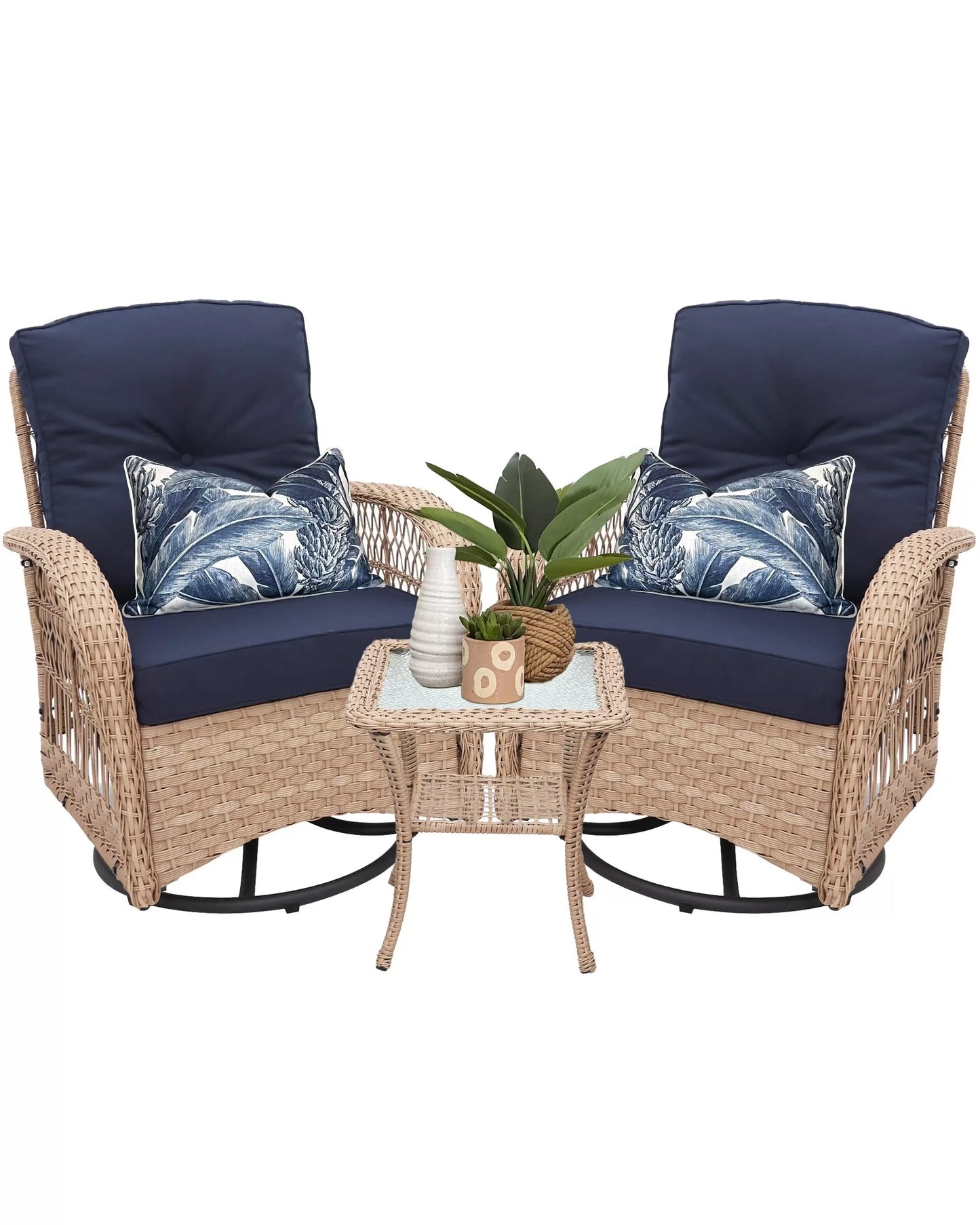 Outdoor Swivel Rocker Patio Chairs Set of 2 and Matching Side Table - 3 Piece Wicker Patio Bistro Set with Premium Fabric Cushions Outdoor Furniture (Dark Wicker Chair Beige Cushion)