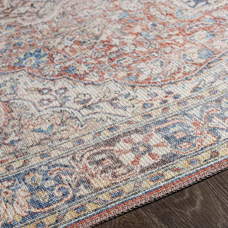 Bria Machine Washable Oriental Red/Blue/Ivory Area Rug