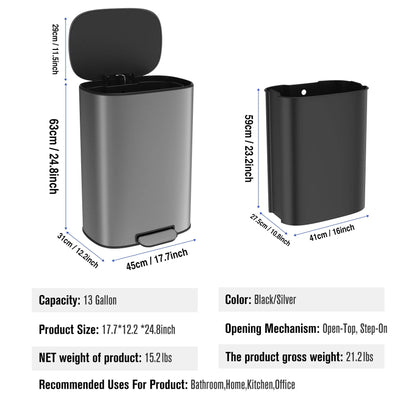Stainless Steel 13-Gallon Kitchen Trash Can with Foot Pedal and Soft Close Lid