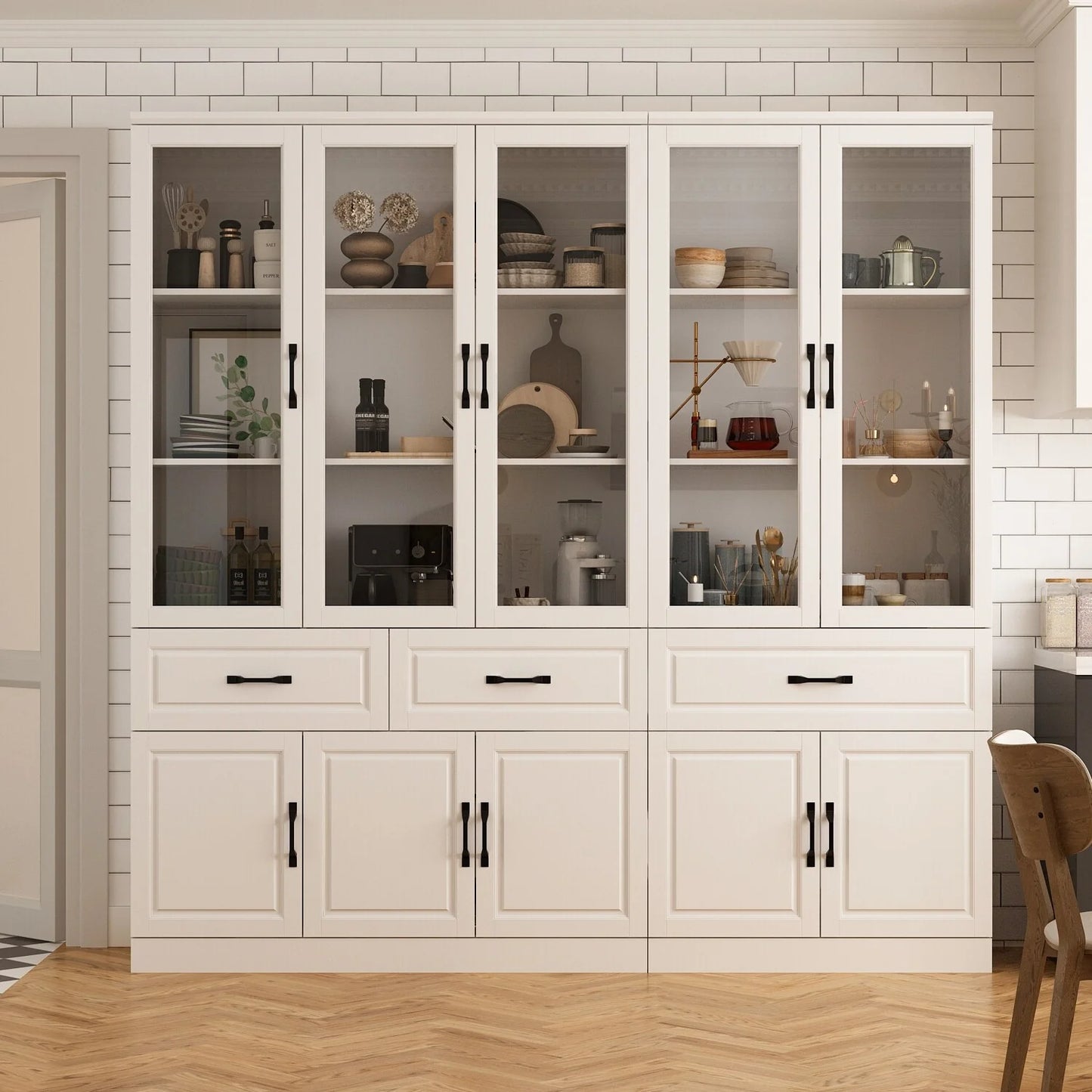 78.7"Modular White Curio Bookcase Cabinet w/Glass Doors Buffet Display