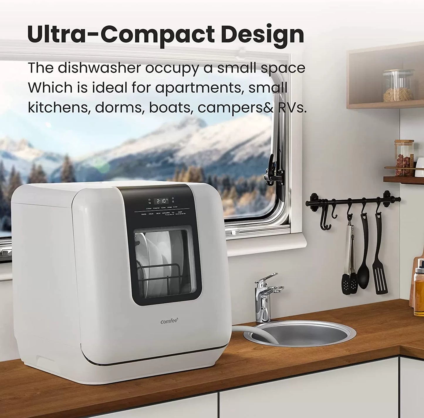 COMFEE' Portable Dishwasher Countertop, Mini Dishwasher with 5L Built-in Water Tank, No Hookup Needed, 6 Programs, 360° Dual Spray, 192°F High-Temp& Air-Dry Function, Dishwasher for Apartments& RVs