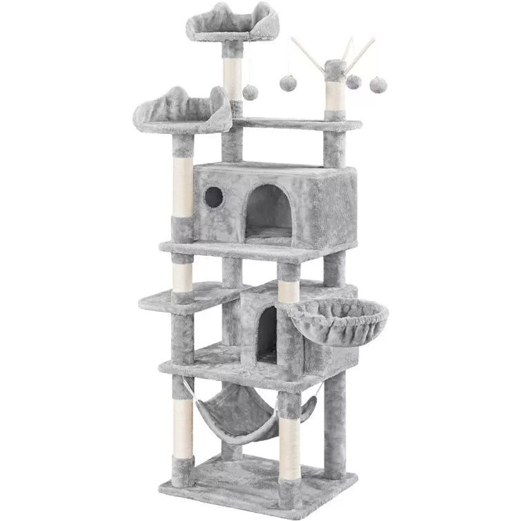 67" H Multi-Level Cat Tree Tower with 2 Cat Condos & Hammock Basket