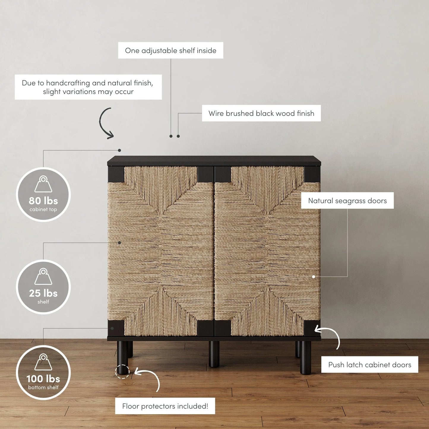 Nathan James Beacon Wood Accent Cabinet with Seagrass Doors and Adjustable Shelf