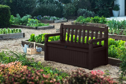 Keter Solana 70 Gallon Storage Bench Deck Box for Patio Furniture, Front Porch Decor and Outdoor Seating – Perfect to Store Garden Tools and Pool Toys,Brown/Brown