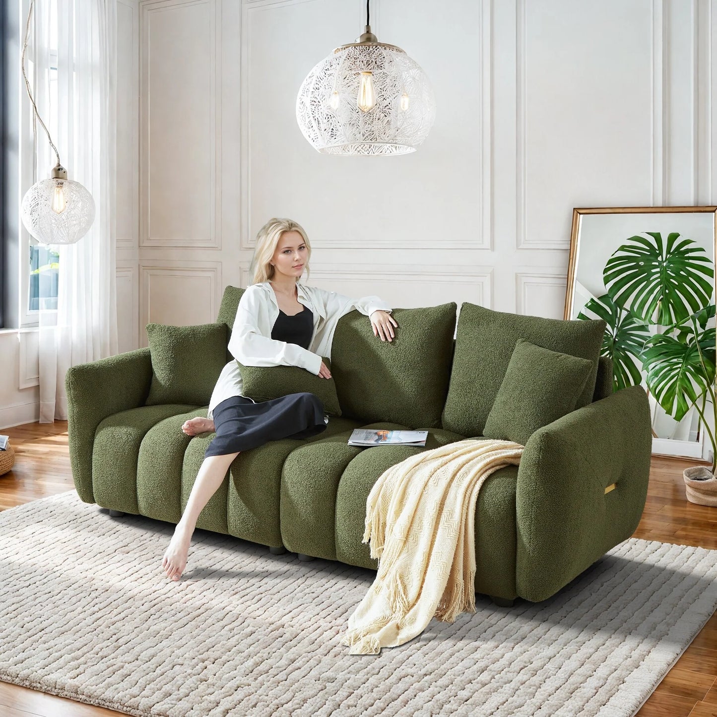 Ouyessir Overstuffed Upholstered Deep Seat Soft Fabric Sofa with 3 Pillows