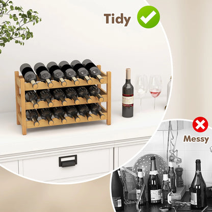 Gymax 3 Tier 18 Bottle Wine Storage Cabinet Shelf Bamboo Wine Rack for