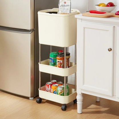 Rolling Utility Cart with Trash Cans, Movable Kitchen Garbage Can with Pop-up Lid and Wheels for Kitchen Bathroom Home Office