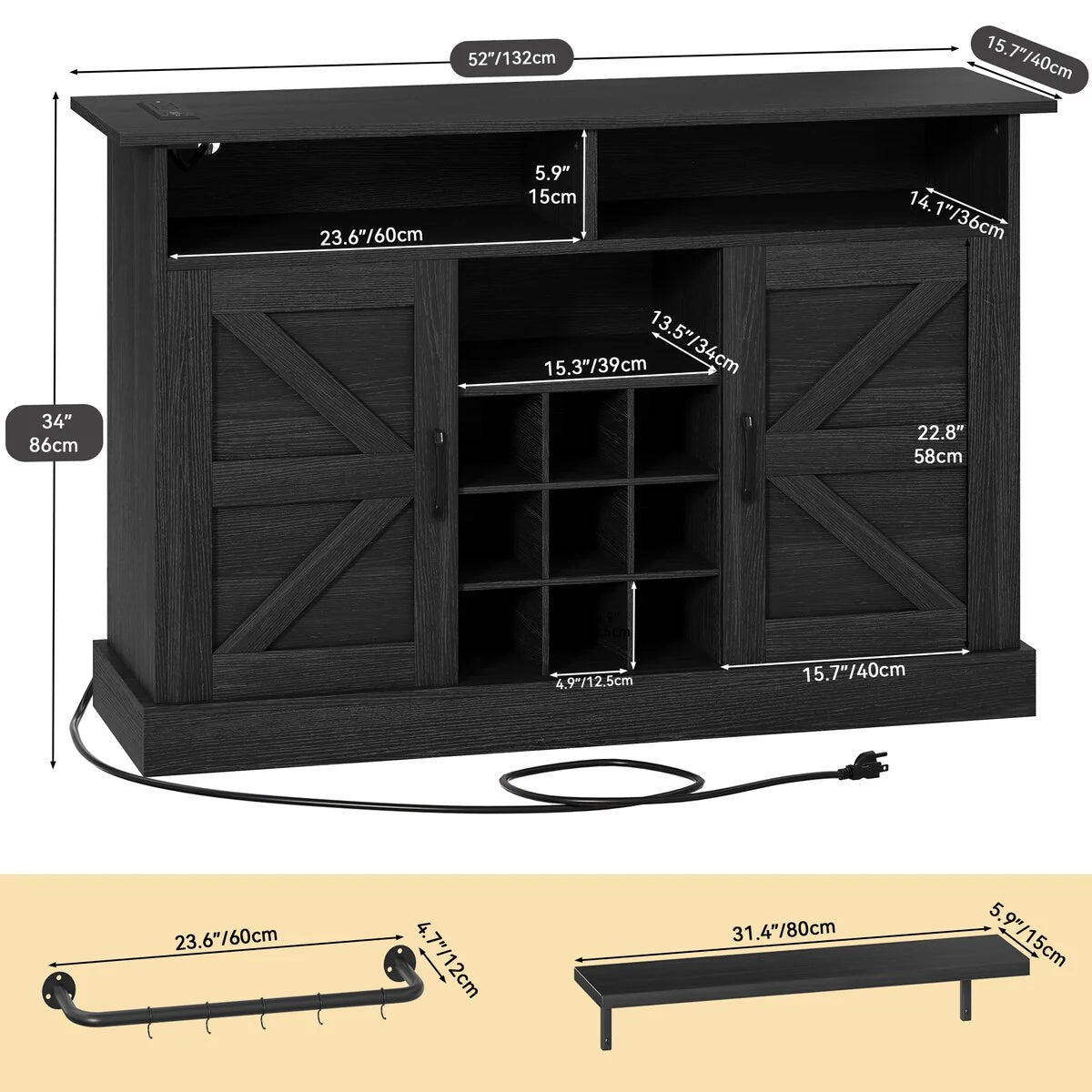 52"Farmhouse Coffee Bar Cabinet with Floating Shelf - 15.75"D x 52"W x 34"H