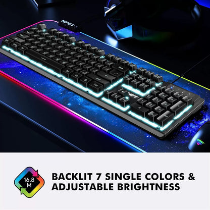 NPET K10 Wired Gaming Keyboard, LED Backlit, Spill-Resistant Design, Multimedia Keys, Quiet Silent USB Membrane Keyboard for Desktop, Computer, PC (Black)