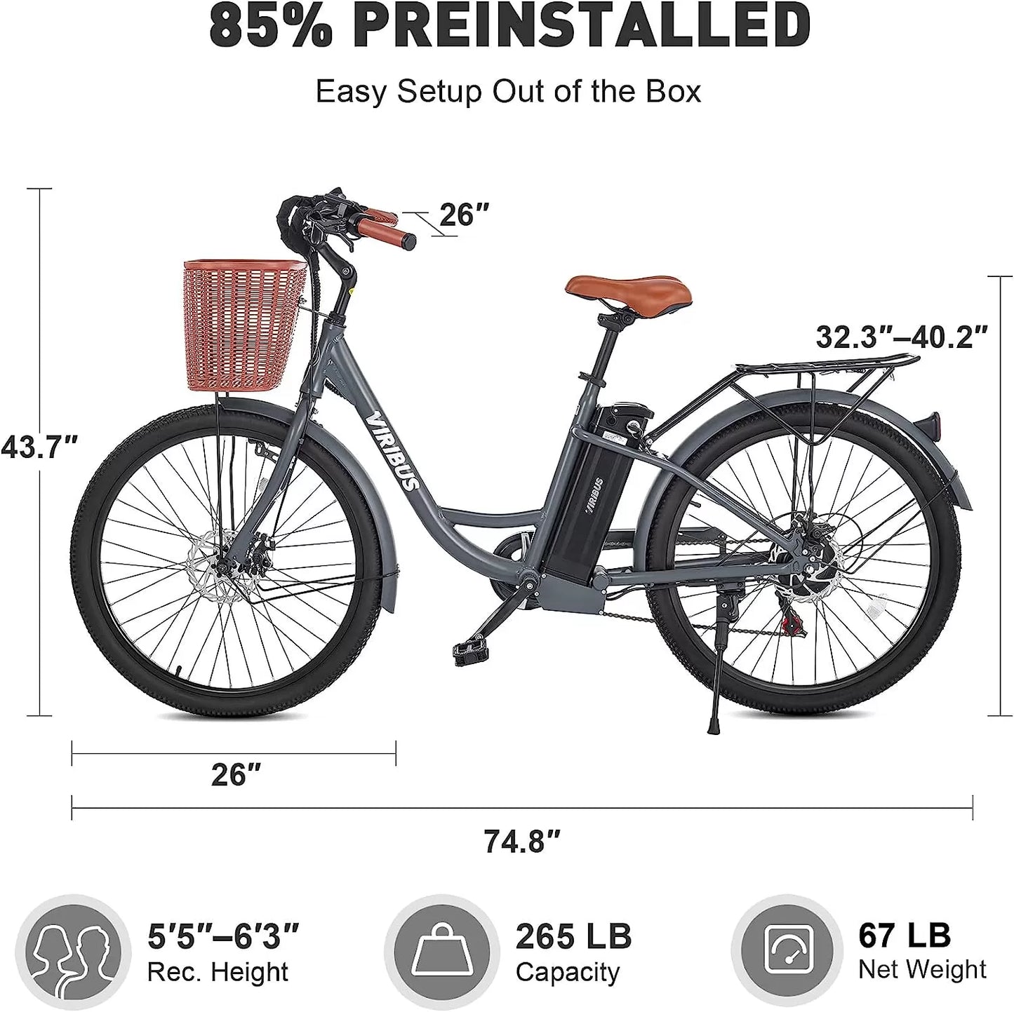Viribus Electric Bike, Electric Cruiser Bike Adults Women, 25mph 40+ Mile Range 26" City Ebike E Bike with Basket, Electric Bike 350W Shimano 7 Speed Front Suspension for Women Lady, Electric Bicycle