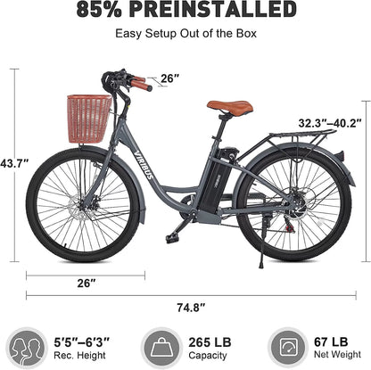 Viribus Electric Bike, Electric Cruiser Bike Adults Women, 25mph 40+ Mile Range 26" City Ebike E Bike with Basket, Electric Bike 350W Shimano 7 Speed Front Suspension for Women Lady, Electric Bicycle
