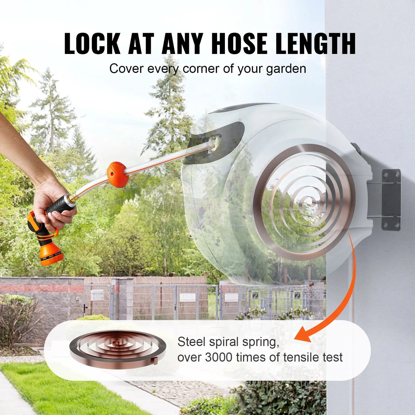 Retractable Hose Reel, Various specifications, 100'x1/2" 180° Swivel with 9-Pattern Nozzle, Automatic Rewind, Lock at Any Length, Slow Return System