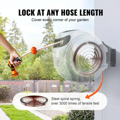 Retractable Hose Reel, Various specifications, 100'x1/2" 180° Swivel with 9-Pattern Nozzle, Automatic Rewind, Lock at Any Length, Slow Return System