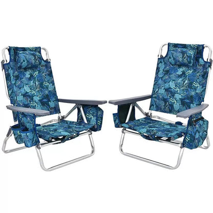 2 Pcs Folding Backpack Beach Chairs 5-Position Adjustable Outdoor Camping Chairs with Cooler Bag & Cup Holder
