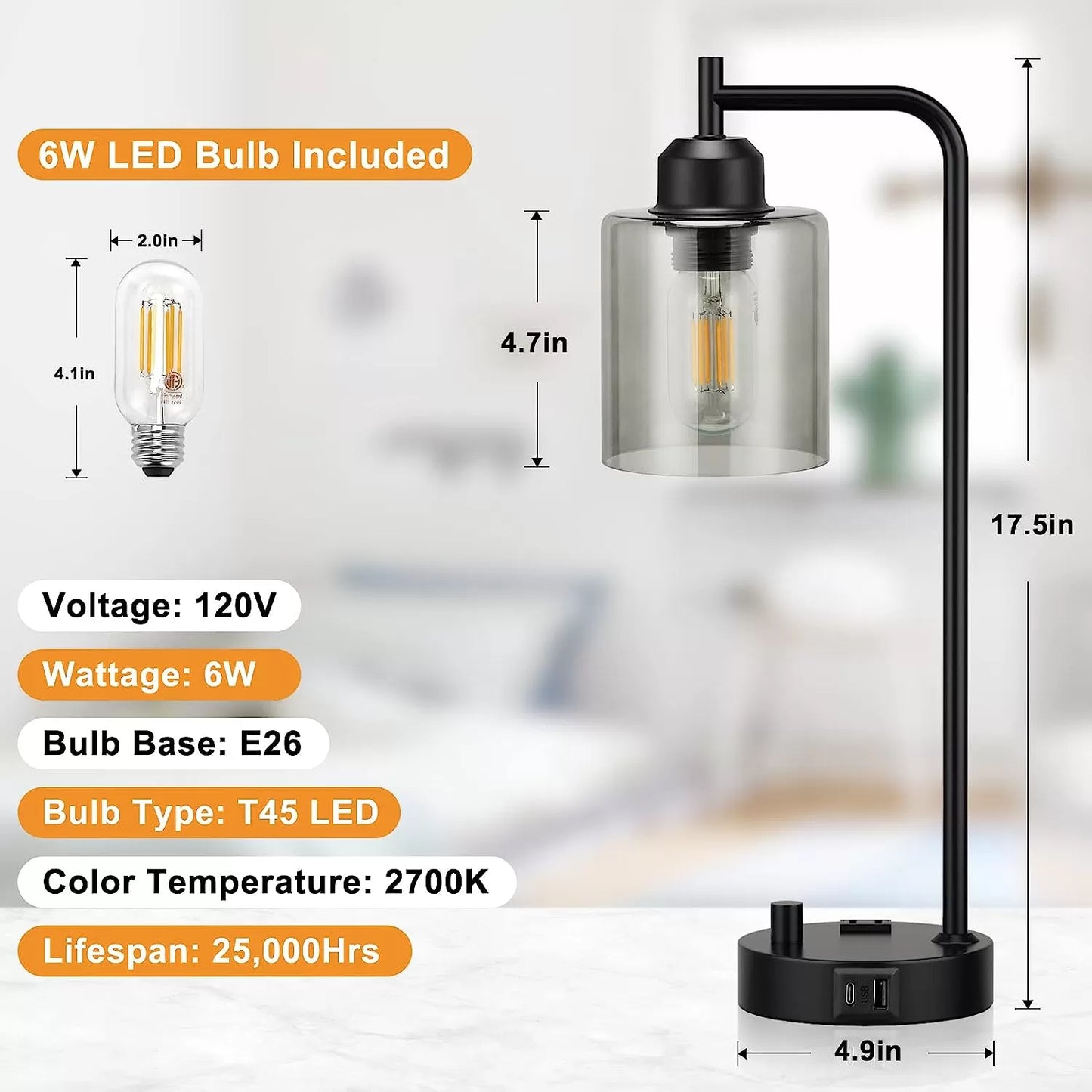Industrial Bedside Table Lamp for Bedroom - Nightstand Lamps with USB C Charging Port, Fully Dimmable Black Lamps with USB Ports and Outlets, Small Desk Lamp with Glass Shade for Office Living Room