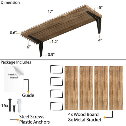 Wallniture Arras 17"x6" Solid Wood Kitchen Shelves for Wall, Burned Finish, Set of 4