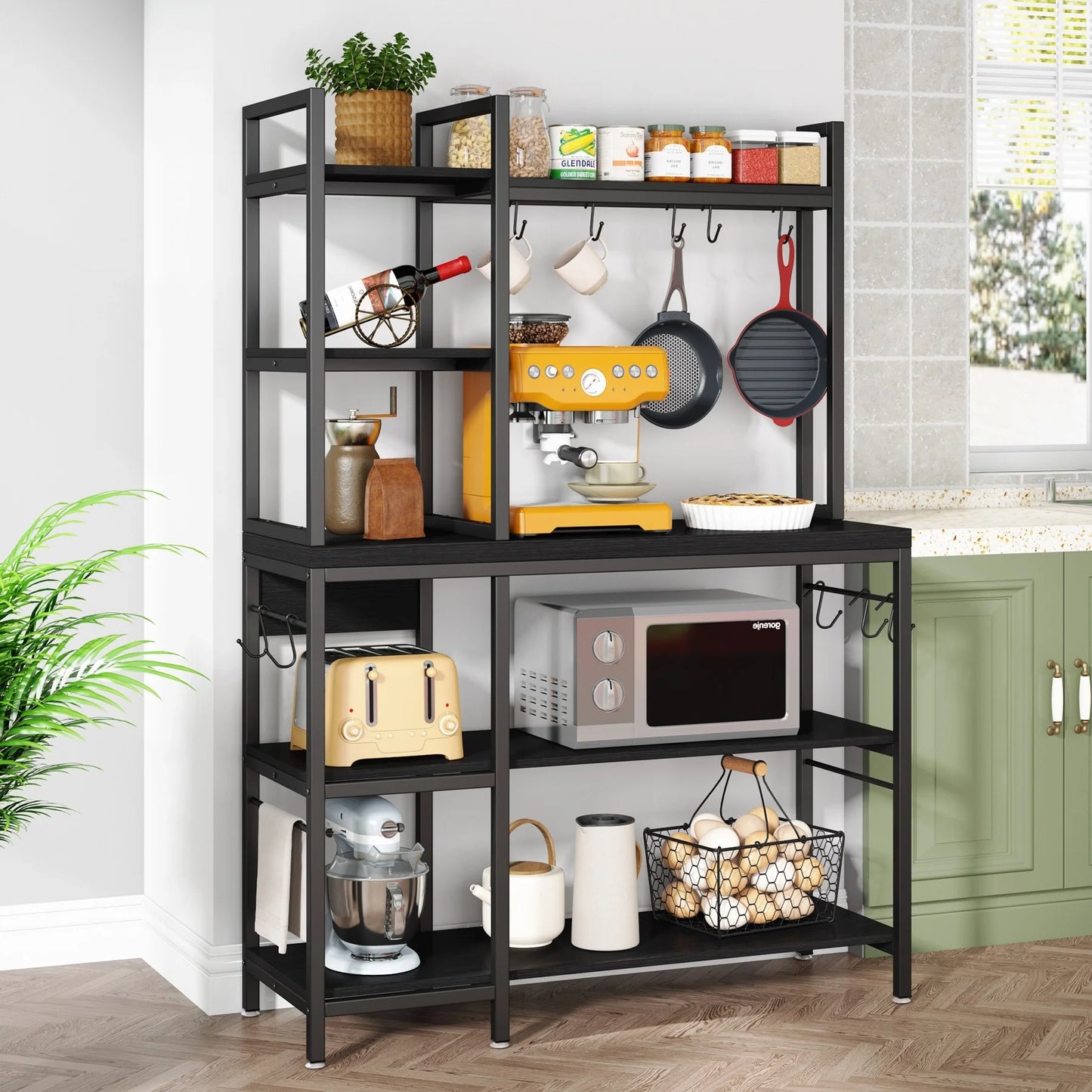 43 inch Kitchen Bakers Rack with Microwave Stand 5-Tier Kitchen Utility Storage Shelf Rack and10 Hooks for Kitchen Living Room