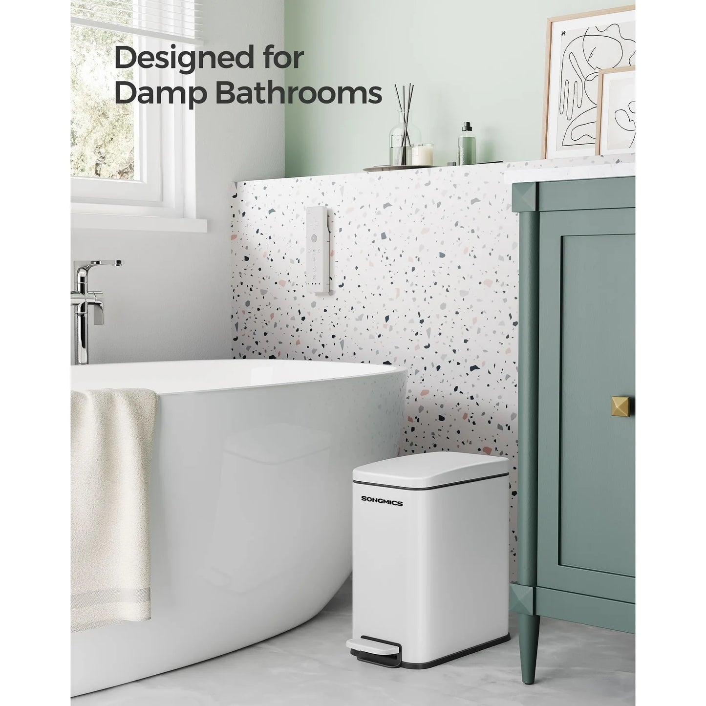 Stainless Steel Slim Bathroom Trash Can with Soft-Close Lid and Plastic Removable Inner Bucket