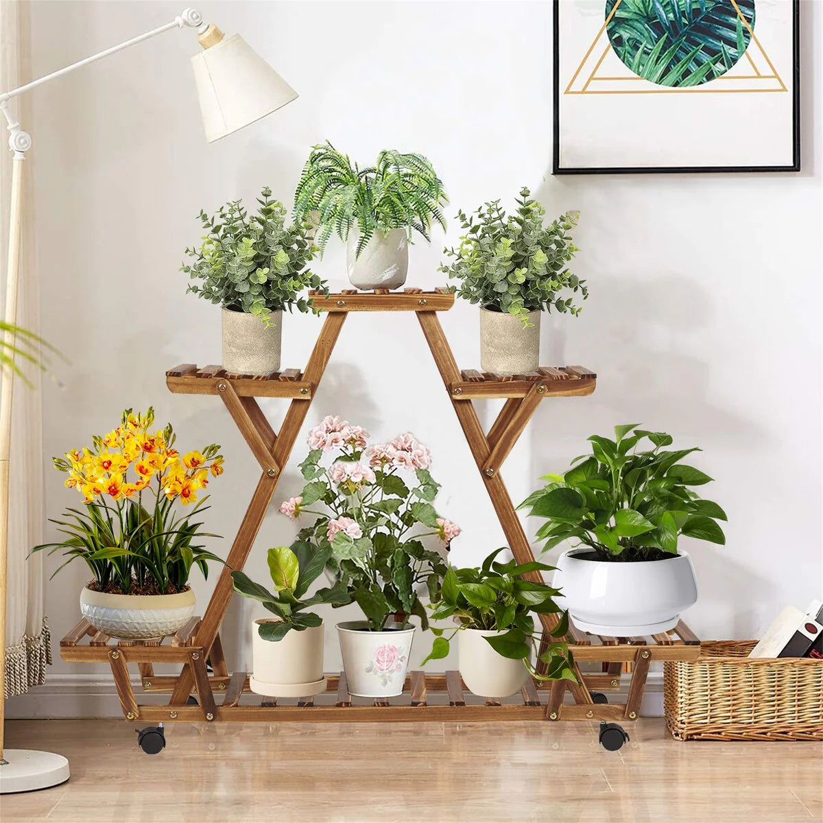 Movable Outdoor Ladder Plant Stand Garden Wood Rack with 6 Tiers