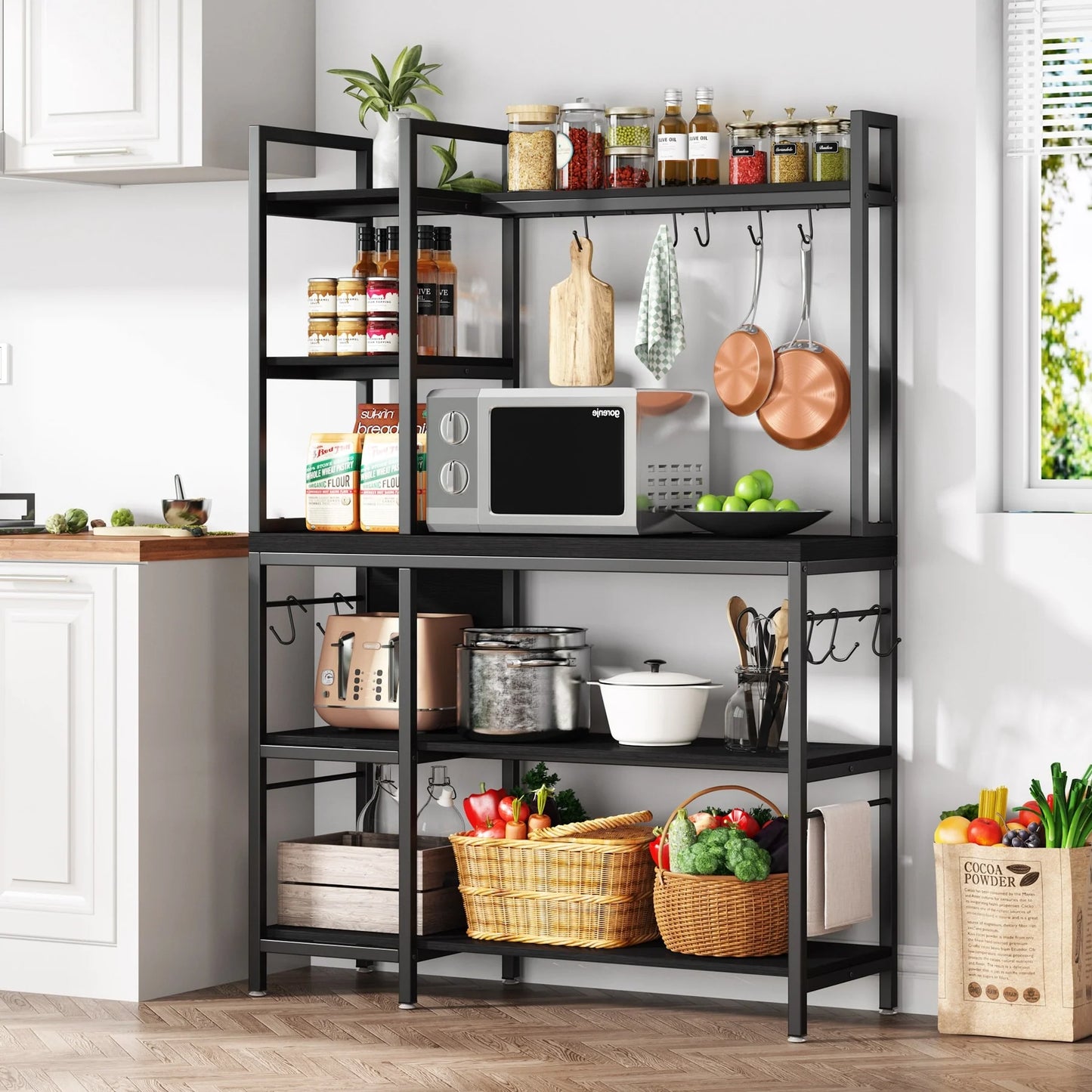 43 inch Kitchen Bakers Rack with Microwave Stand 5-Tier Kitchen Utility Storage Shelf Rack and10 Hooks for Kitchen Living Room